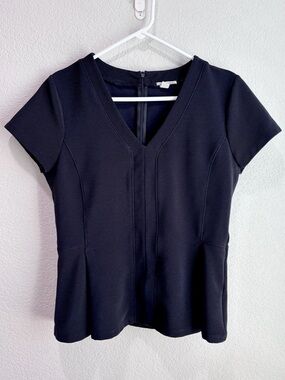 Halogen Ottoman Knit V-Neck Peplum Top Black Large